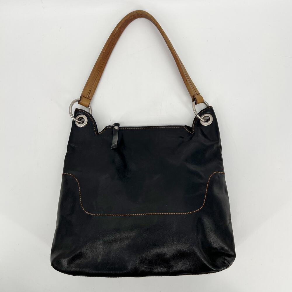 Coccinelle Hobo Shoulder Bag Black Leather Brown Strap Stitching Italian READ